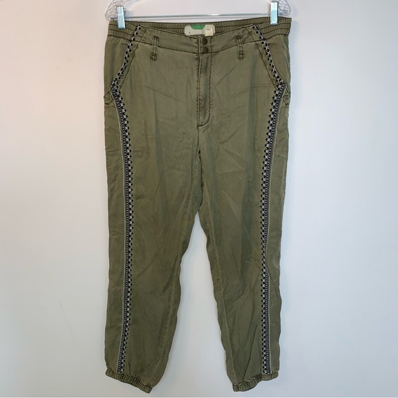 Anthropologie Khaki Joggers with Side Embroidery M - Picture 2 of 11
